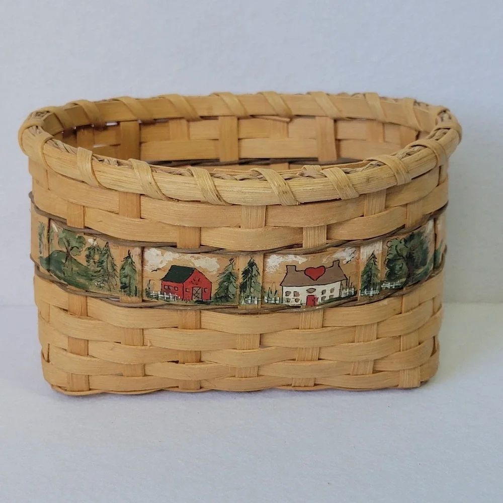 VTG 1992 Handwoven Basket Signed Artisan Farmhouse Decor Painted Scene Woven